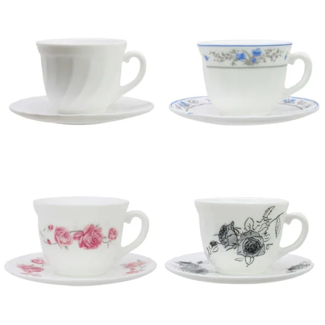 12PC Tea Cup And Saucer Set White Opal Glass Cups Coffee Espresso Kitchen 220ml