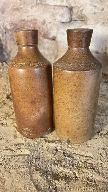 Two Victorian Brown Salt Glazed Beer Bottles GIBSSEN BLUE BOURNE DENBY Stamped