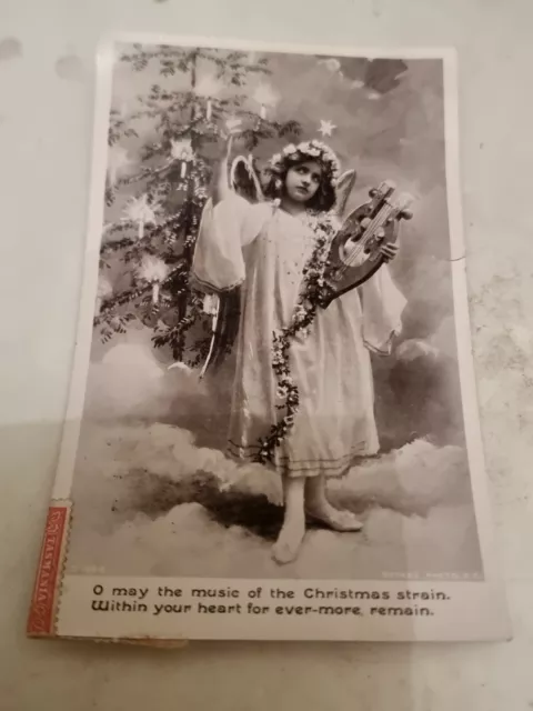 Postcard. Children. With Musical  Instrument Harp. Dressed Like Angel. Vintage.