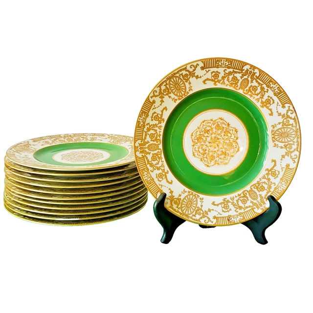 SET OF TEN Jade Green & Gold Elegant Dinner Plates By Ka Krautheim