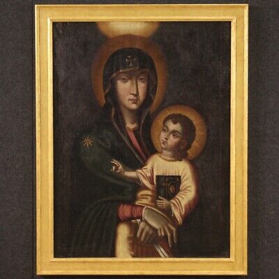 Pintura religiosa Virgen con Nino obra oleo sobre lienzo estilo antiguo 800