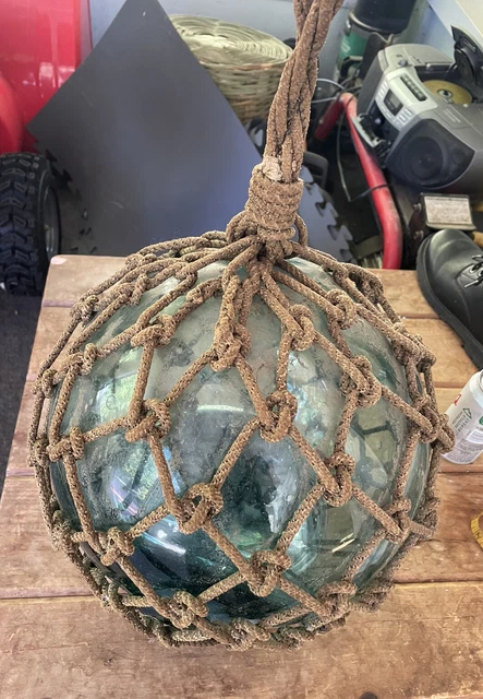 Antique green aqua 42” glass Japanese fishing float roped ball nautical Buoy