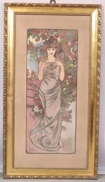 Jugendstil Rosenmädchen 94x52cm Pastellgemälde nach MUCHA um 1900/10  (MÖ2843)