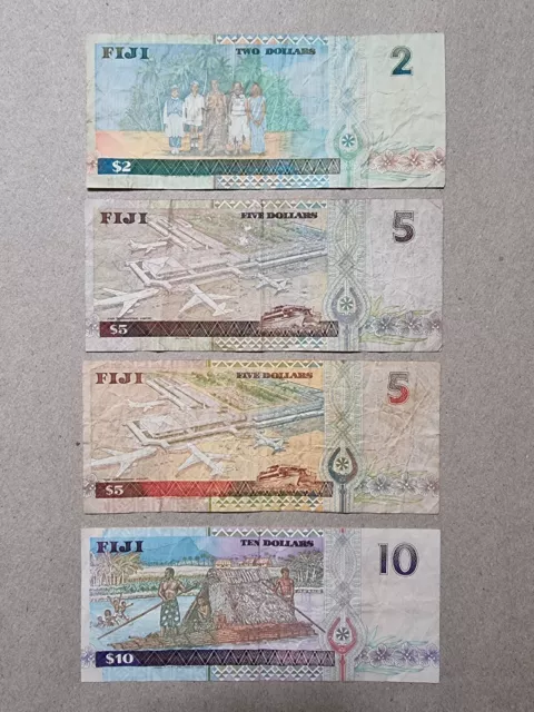 Fiji 2, 5, 5 & 10 dollars banknotes ND 1995 - 2002 QEII Notes Set of 4 2