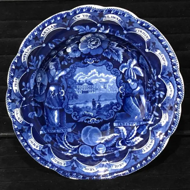 Staffordshire Historical Dark Blue Soup Bowl, AMERICA & INDEPENDENCE, Clews
