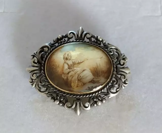 ANCIENNE BROCHE XIXe ARGENT MASSIF & OR 18K MINIATURE PEINTE STYLE RENAISSANCE