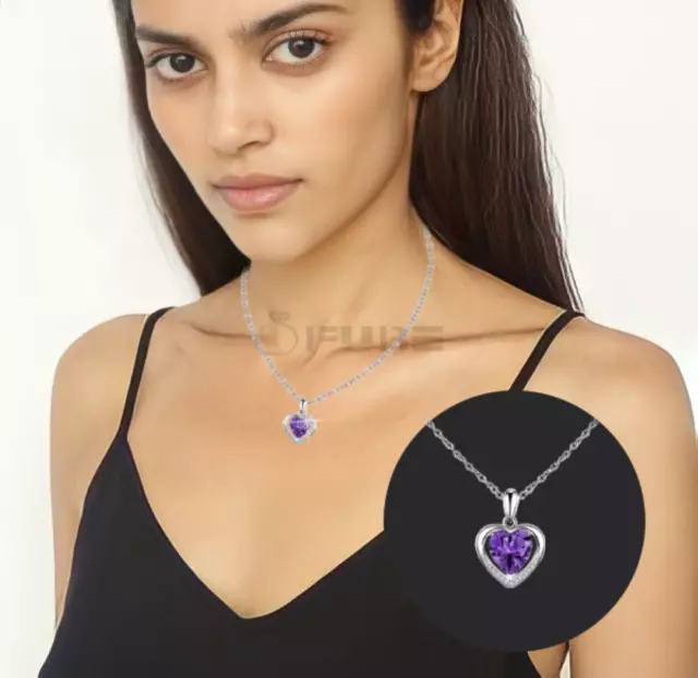 Purple Women Girls 925 Sterling Silver Crystal Heart Pendant Necklace Gift