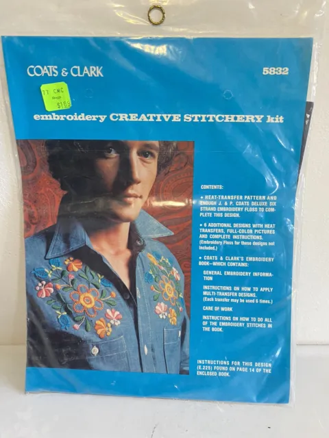 Kit de bordado floral vintage década de 1970 por Coats & Clark #5832 nuevo en paquete
