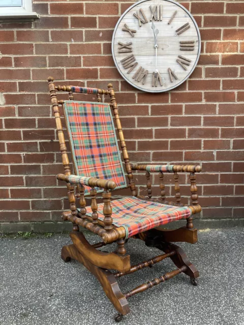 Antique American Rocking Chair Tartan Bobbin Chair Shabby Chic Ceramic Castors