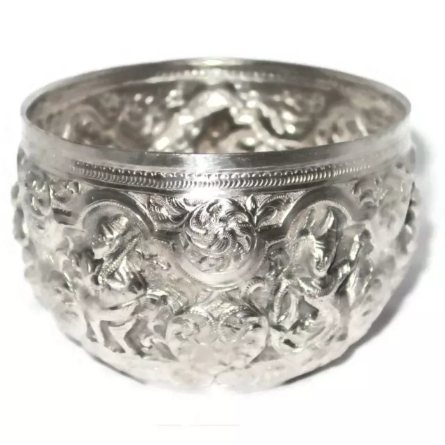 Antique Inscribed Burmese Myanmar Dancers Thabeik Repoussé Silver Bowl, 6 3/4"