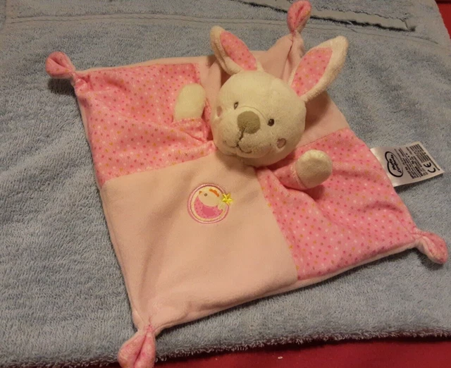 Doudou Plat Lapin MOTS D'ENFANTS Leclerc Rose Blanc Oiseau Brodé Carré Etat NEUF