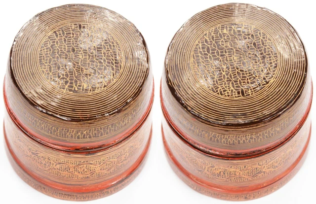 Antique Vintage Burmese Red Lacquer Box Container Burma SE Asian Cylindrical Old 3
