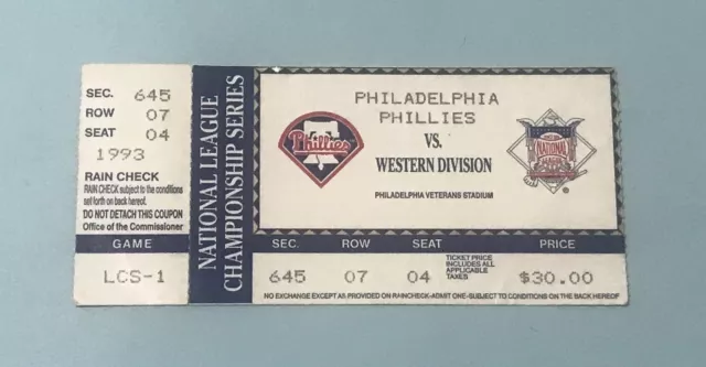 Ticket Stub 1993 NLCS Game 1 Phillies vs Braves Incaviglia Home Run