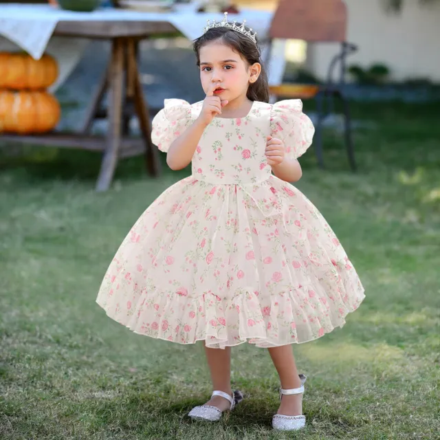 Summer Rose Flower Baby Girls Dresses Tulle Princess Birthday Toddler Party Prom