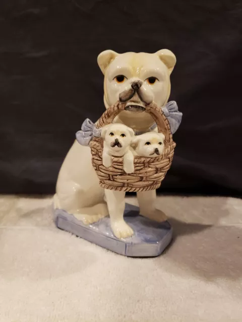 Vintage Fitz & Floyd Porcelain Bulldog Single Bookend w/Basket of Puppies