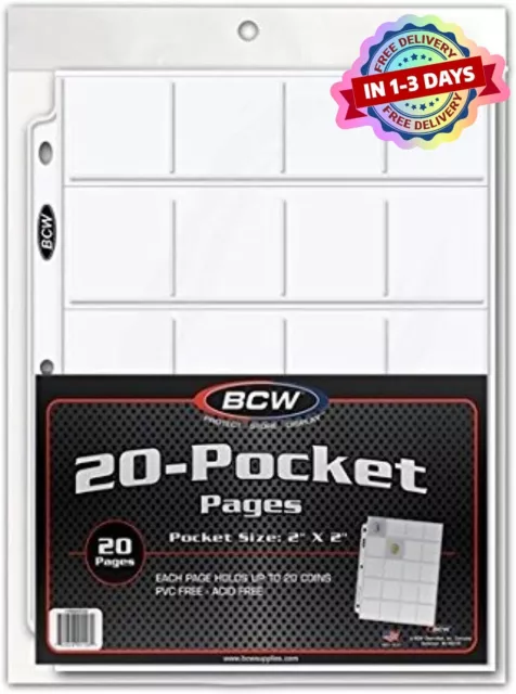 Pro 20-Pocket Pages, Pocket Size: 2" x2", 20 Pages - Coin Collecting US NEW