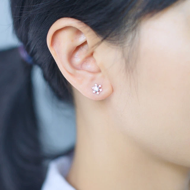 925 Sterling Silver Snow Flake Flower Pave Cubic Zirconia Stud Earring Xmas Gift