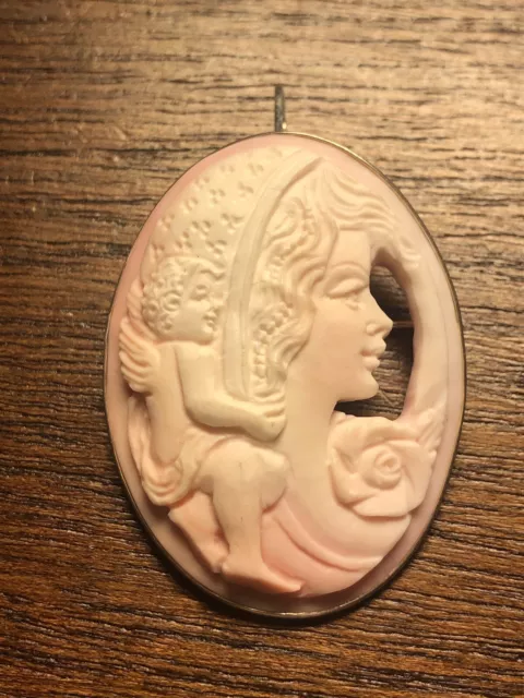 M+M Scognamiglio signed Italian Sterling Silver Carved Pink Shell Cameo Brooch