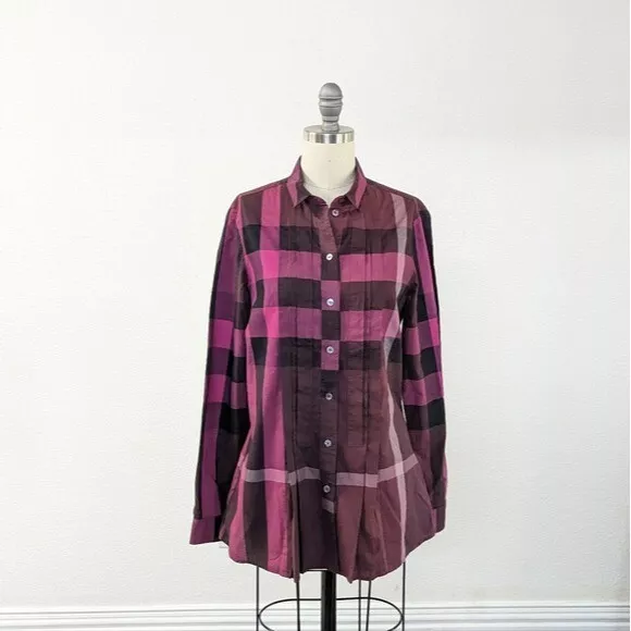 Burberry Brit Nova Check Pleated Button Down Top Pink Maroon S authentic luxury