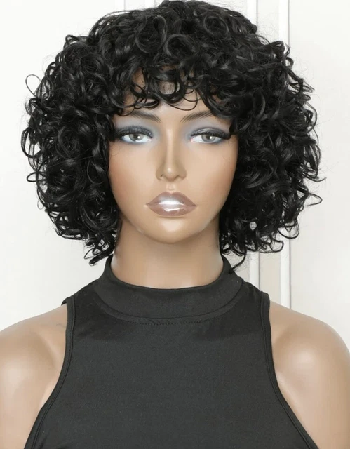 Perruque Courte Bouclée Afro - 20cm - Cheveux Humains Indiens - Frange Naturelle - Cadeau Inclus