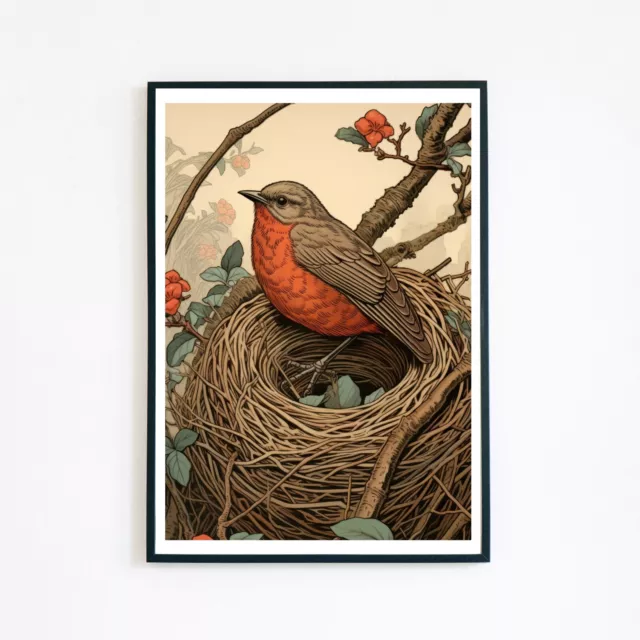 Europäischer Robin Bird Natur Baum Illustration 7x5 Retro Wanddekor Kunstdruck