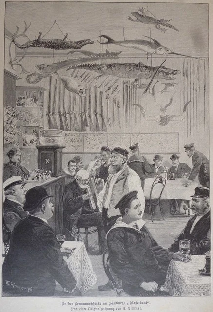 Holzstich - In der Seemannschenke an Hamburgs "Wasserkant".