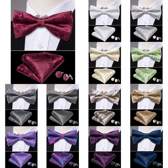 Mens Bowtie Pre-Tied Wedding Bow Tie Cufflinks Hankie Set Formal Party Gift