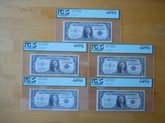 (5) 1935 F $1 Consecutive Blue Seal Silver Certificates PGCS Graded 64PPQ