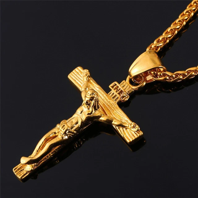 JESUS CHRIST CRUCIFIX Cross Pendant Chain Necklace Stainless Steel Gold