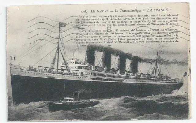 CGT French Line FRANCE Ocean Liner Steam Ship Used PC Army PO1 1915 WW1 Postmark