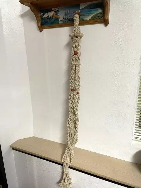 Vintage Macrame Plant Hanger With Retro Orange  Wood Beads 47" Long MCM Boho Dec