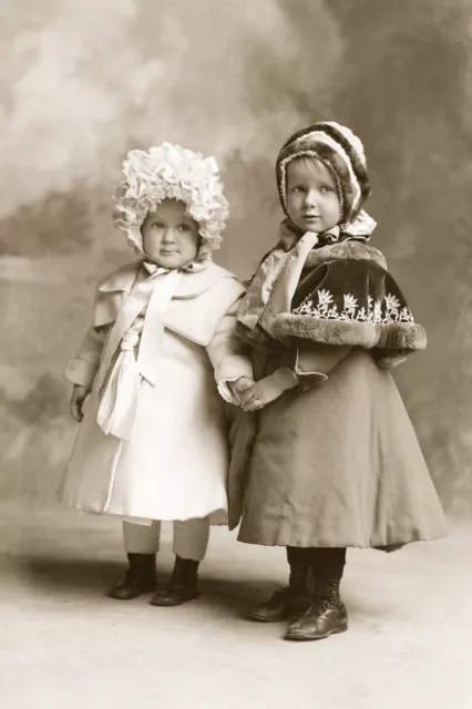Victorian Era, Young Girls Wearing Winter Coats,Bonnets c1900 Photo Reprint 8x12