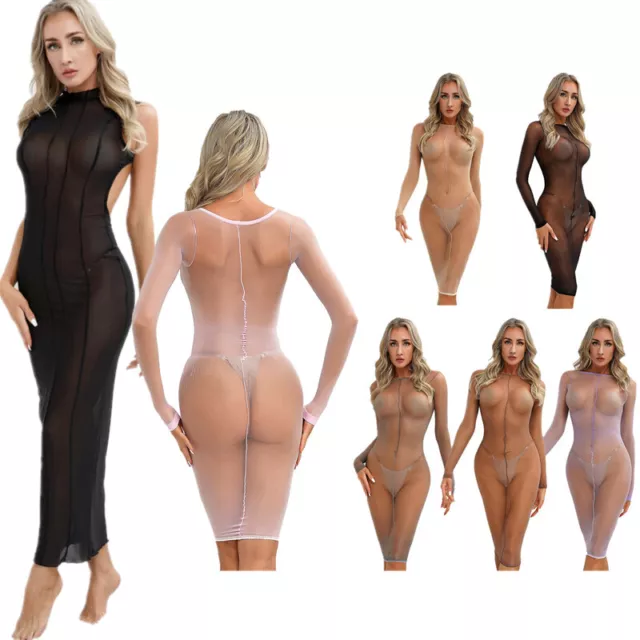 Sexy Womans See Through Bodycon Midi Dress Sheer Backless Party Beach Nightdress 2