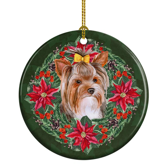 Yorkshire Terrier Poinsetta Wreath Ceramic Ornament CK1589CO1