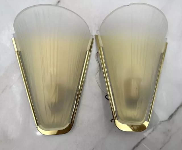 Wall Sconces Pair Mid Century Art Deco Brass Frosted Glass