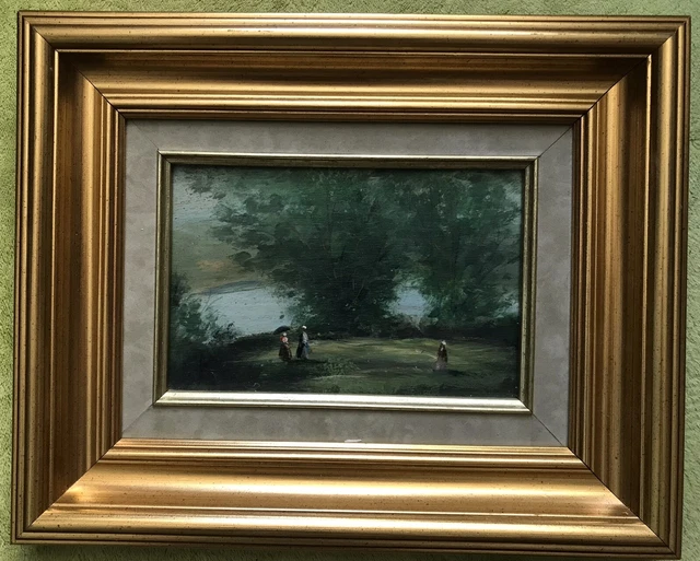 Tableau Peinture Huile Sur Bois Paysage Personnages Encadré