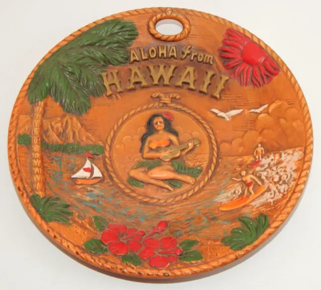 Vtg HAWAIIANA Hula Girl Ukulele Wall Decor Tiki Bar Souvenir Wall Plate 8"