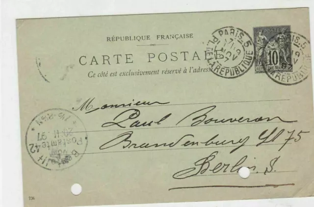 Republique of France 1897 Paris Cancel to Berlin Stamps Card ref R 16268