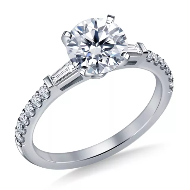 1.55Ct Near White Round Moissanite Diamond & Baguette Engagement Ring 925 Silver