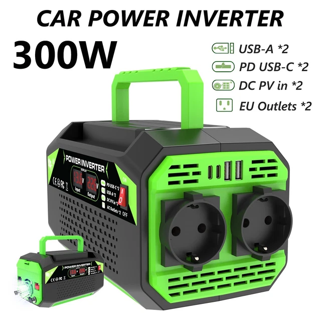 CAR POWER INVERTER 300W 12V to 220V AC with USB and Dual AC Outlets for ...