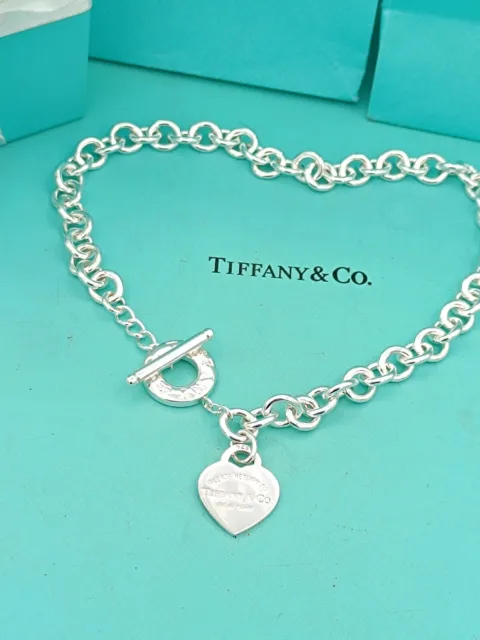 Authentic Tiffany & Co. Sterling Silver Heart Tag Toggle Choker Necklace Tiffany  Co 925 Silver Blank Heart Charm Pendant Toggle Necklace 