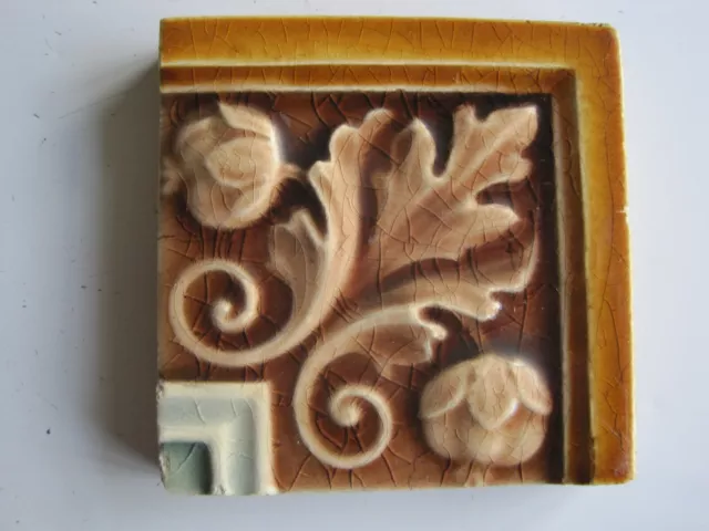 Antique Victorian 3" Moulded & Majolica Leaf Corner Tile - Sherwin & Cotton?