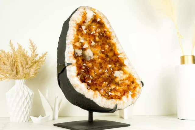 Large Rich Yellow Citrine Geode on Stand with a Delicate Calcite Flower - Mercha 2