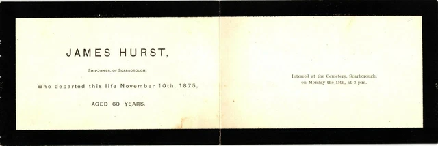 US Victorian 1875 Remembrance Mourning Card James Hurst of Scarborough -Foldable