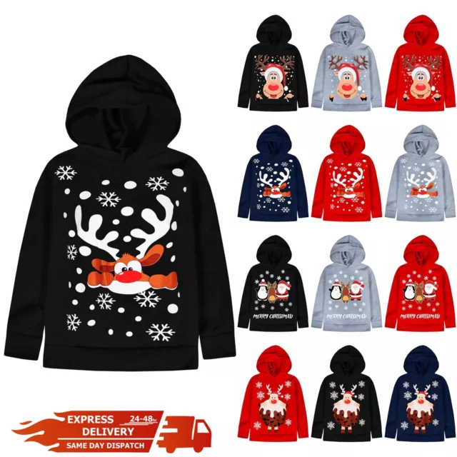 Kids Girls Boys Christmas Print Hooded Jumper Fleece Pullover Hoodie Sweatshirt