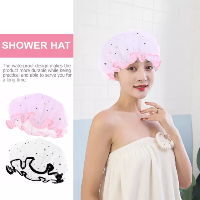 2 Pcs Waterproof Shower Cap Bathing Salon Hair Hat Travel Tote Miss Make up 2