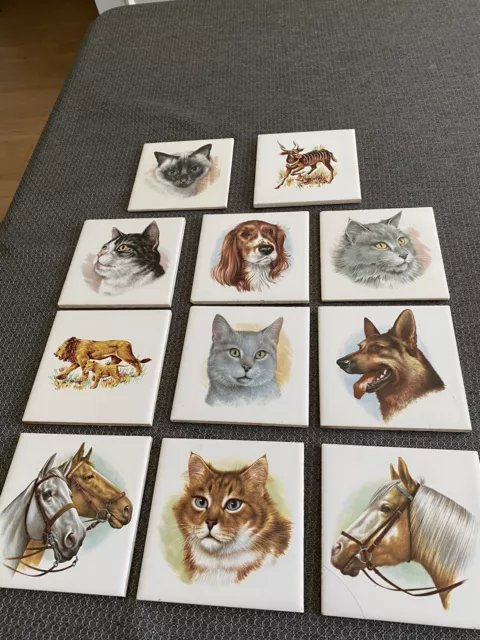 Lot of 12 Vintage Ceramic Tiles with Animal Images Horse Lion Dog Cat Gazelle
