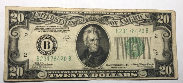 1934A green seal $20 Federal Reserve note, FRB B New York. F-VF, 1 pinhole. #05