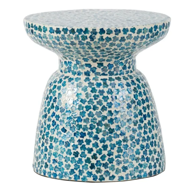 Ivy 16 Inch Round End Side Table Bamboo Platform Mosaic Blue And White- Saltoro