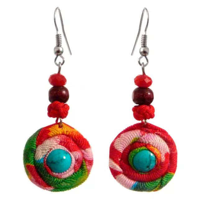 Boucles D'oreilles femme coton ethnique Anneau ruban multicolore rouge  DONUT